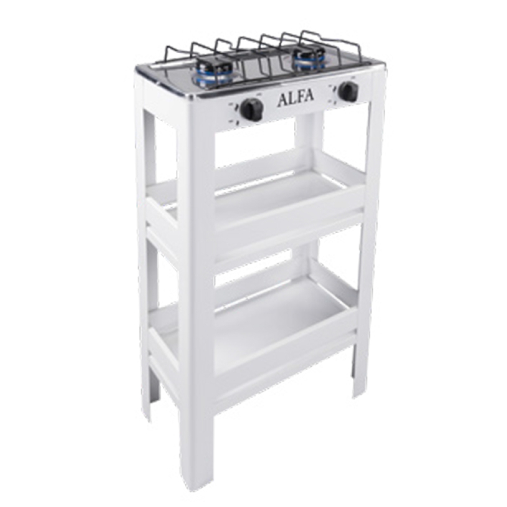 ESTUFA ALFA 2 QUEMADORES CUBIERTA ACERO INOXIDABLE MODELO 404 CON ESTANTE